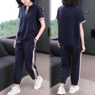 【Paiya 派亞】夏季媽媽短袖夏裝運動套裝T恤兩件套洋氣時尚中老年女裝休閒套裝(M-4XL)