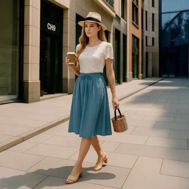 【ICHE 衣哲】Cop.Copine 法國原裝進口簡約百搭鬆緊綁帶造型半長圓裙-2色