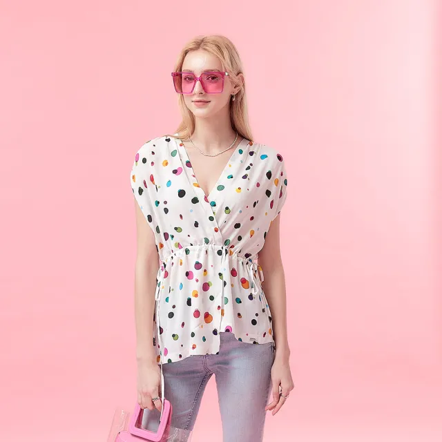 【ICHE 衣哲】Cop.Copine 法國原裝進口微甜白底彩點綁結上衣