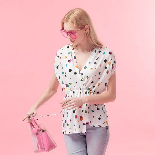 【ICHE 衣哲】Cop.Copine 法國原裝進口微甜白底彩點綁結上衣