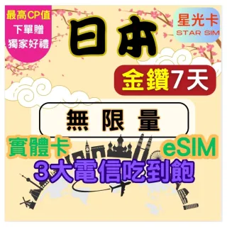 【Star SIM 星光卡】金鑽日本 三大電信7天 高速 無限量 吃到飽(實體卡 eSIM)