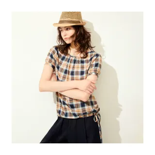【Le Polka】格紋領口褶皺上衣-女