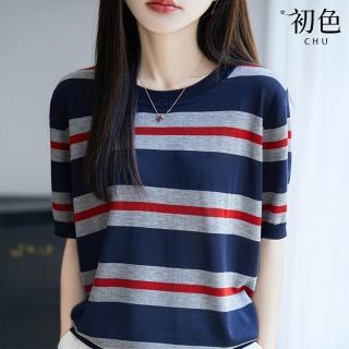 【初色】休閒拼色圓領條紋短袖薄款T恤上衣女上衣-條紋-13931(F可選)