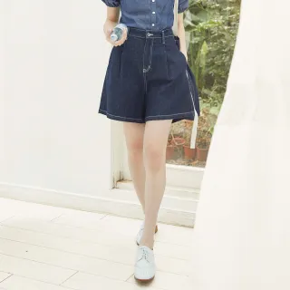 【SOMETHING】女裝 打摺斜邊口袋寬短褲(原藍色)