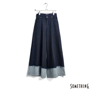 【SOMETHING】女裝 雙色拼接抽鬚丹寧寬褲(原藍色)
