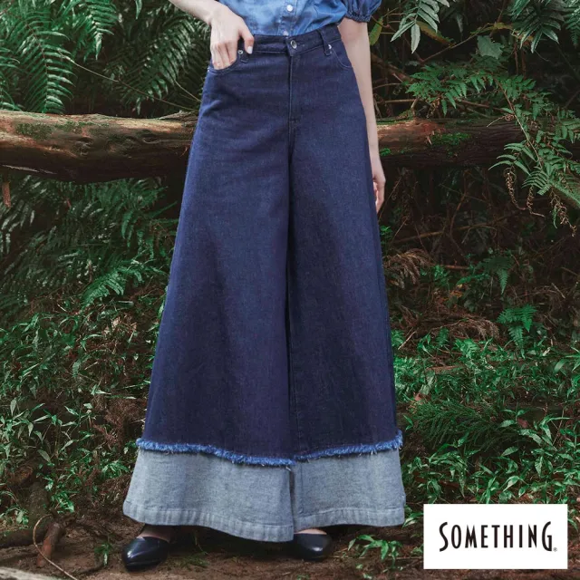 【SOMETHING】女裝 雙色拼接抽鬚丹寧寬褲(拔洗藍)