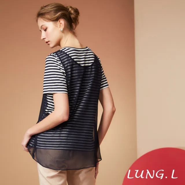 【LUNG.L 林佳樺】LS84A 藍白條拼接雪紡背心假二件棉質短袖女裝上衣(春夏新品 加大尺碼)