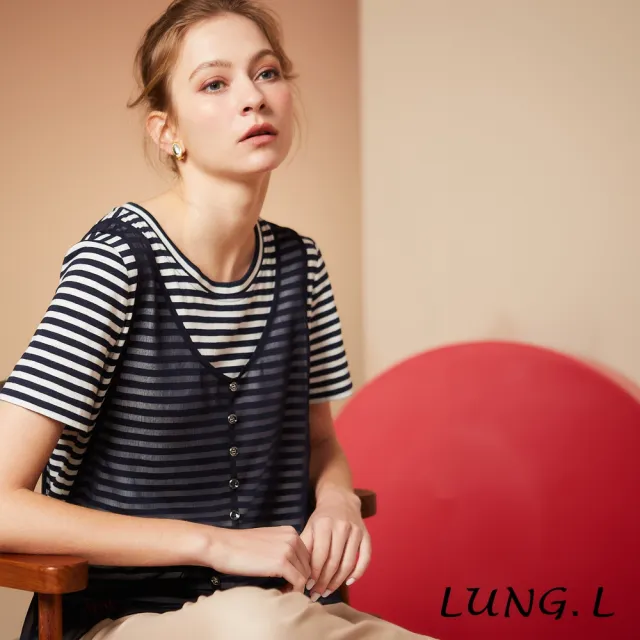 【LUNG.L 林佳樺】LS84A 藍白條拼接雪紡背心假二件棉質短袖女裝上衣(春夏新品 加大尺碼)