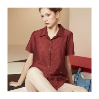 【LUNG.L 林佳樺】LS87A 暗紅色竹紋前開襟短袖女裝襯衫(春夏新品 加大尺碼)