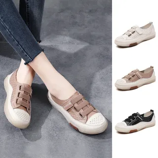 【J&H collection】韓版免繫帶透氣鏤空真皮平底洞洞鞋 懶人鞋 休閒鞋(米色 / 棕色 / 黑色)