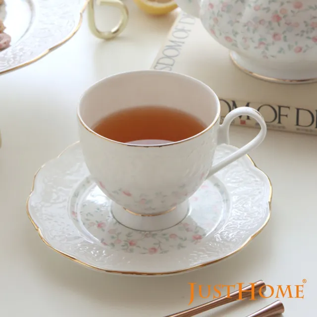 【Just Home】骨瓷咖啡杯盤12件禮盒組附收納架(附禮盒 多款花色可選 入厝送禮 辦公室 新居落成)