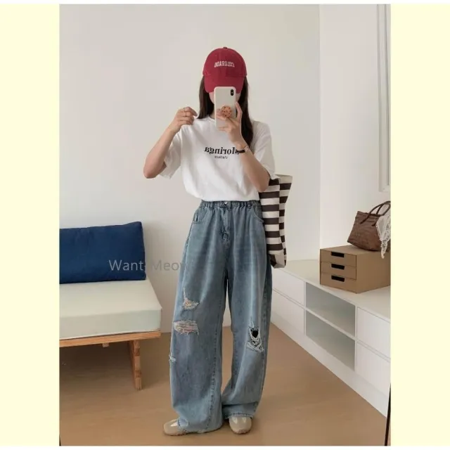 【Want-Meow】90公斤可穿/獨家薄款舒適寬鬆兩扣破洞刷破牛仔褲(大碼/大尺碼/加大碼/大碼寬褲/牛仔褲)