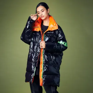 【GLORY21】速達-網路獨賣款-潮風領口撞色長版羽絨外套(黑色)