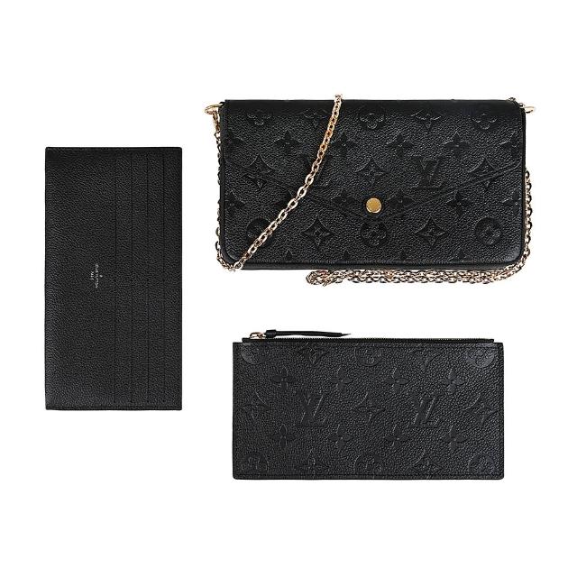 這款 LV LOUIS VUITTON 路易威登 M64064 經典 Pochette Félicie 系列 Monogram Empreinte 斜揹包以黑色系牛皮製成，展現品牌經典壓紋設計。配有原廠防塵袋，尺寸為 21.5 x 12.5 x 3 cm，背帶長度為 116 cm（不可調），適合女性日常使用。開口方式為釦式，內附功能內袋、拉鍊錢包與 8 卡卡片夾，實用且時尚。