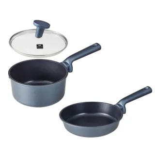 【CorelleBrands 康寧餐具】WORLD KITCHEN 藍寶石鑄造不沾單柄鍋18cm-含蓋+平煎鍋20cm