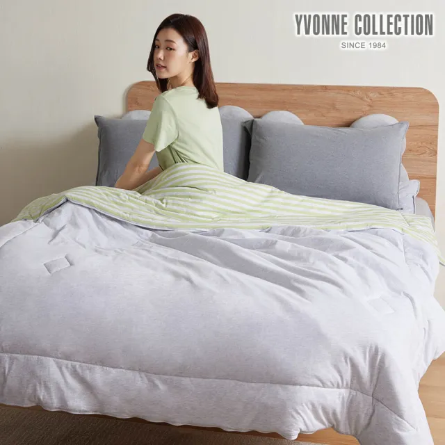 【YVONNE 以旺傢飾】減法美學 | 100%美國棉基礎型絮片四季被-條紋素色 新芽綠(雙人 純棉 水洗 台灣製 獨家)