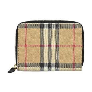 【BURBERRY 巴寶莉】BURBERRY 內壓印LOGO格紋PVC內襯牛皮5卡拉鍊零錢包(典藏米)