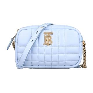 【BURBERRY 巴寶莉】BURBERRY LOLA TB金屬LOGO羊皮絎縫方格拉鍊斜背包(迷你/月白藍)