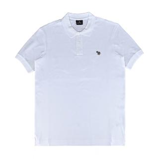 【Paul Smith】PAUL SMITH 草寫LOGO左胸鮮豔斑馬布標貼有機純棉珠地布POLO衫(男款/白)