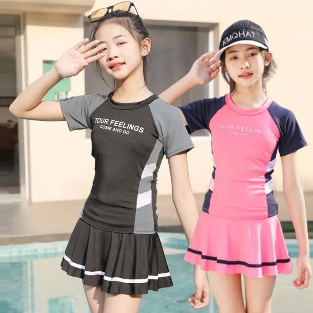 【橘魔法】大童 3色字母運動側腰插肩泳裝(內有安全褲 褲裙 游泳課 泳裝 學生泳衣 女童 兒童 童裝)