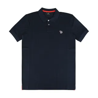 【Paul Smith】PAUL SMITH 草寫LOGO左胸鮮豔斑馬布標貼有機純棉珠地布POLO衫(男款/深藍x橘紅)