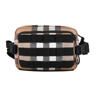 【BURBERRY 巴寶莉】BURBERRY PADDY 包底壓印LOGO格紋帆布搭織帶胸掛腰包(米x黑)