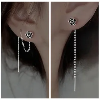 【Porabella】S999純銀耳洞耳釘 黑色山茶花耳線 流蘇耳環 花朵足銀耳飾 精緻時尚 耳環耳飾 Earrings