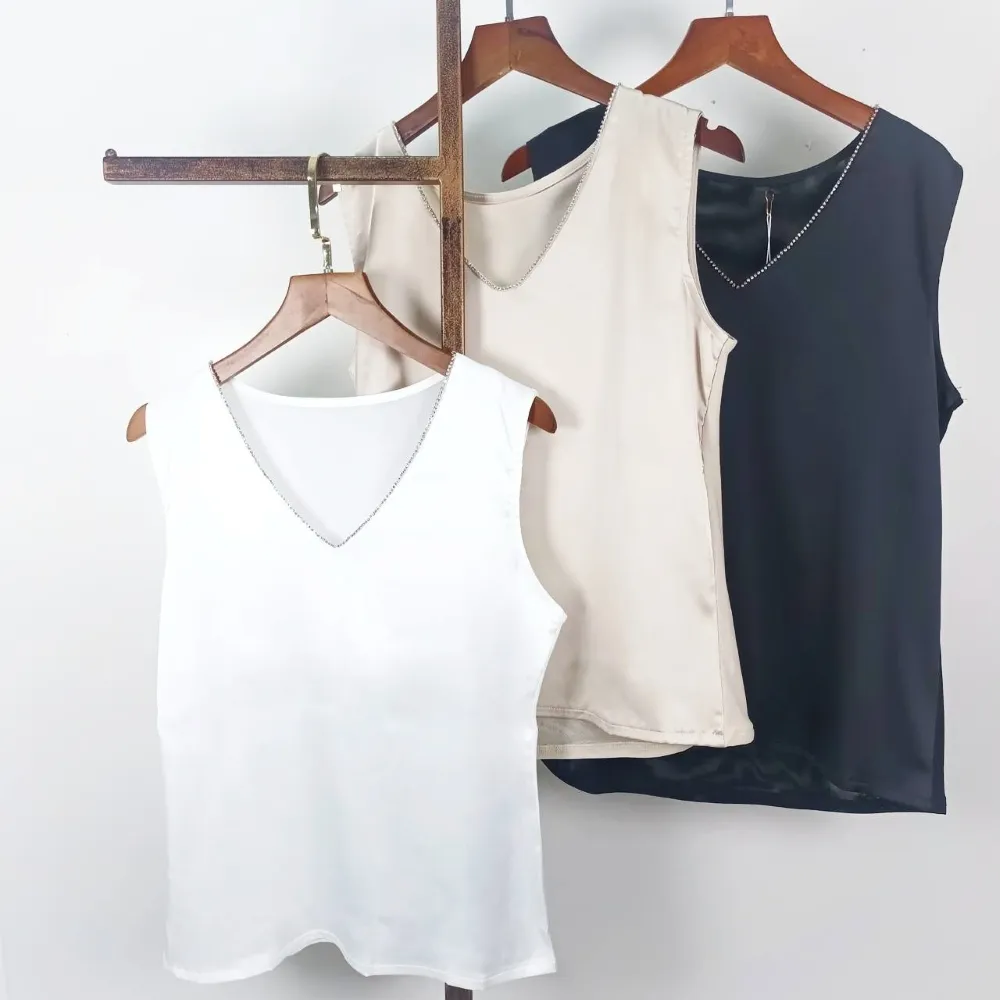 【SuperWands】鑽飾領口錦緞網紗透氣背心