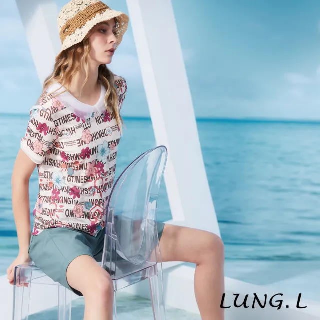 【LUNG.L 林佳樺】LS38A 粉色花朵字母印花彈性針織短袖女裝上衣(春夏新品)