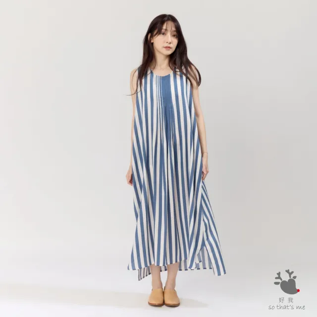 【so that’s me 好我】Nana無袖前摺直條印花洋裝(藍白寬條)