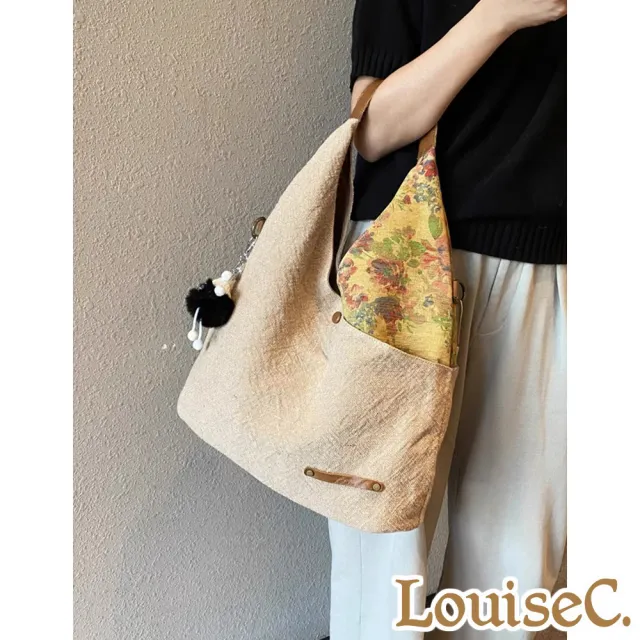【LouiseC.】雙11 Tree House 質感帆布 牛皮 復古花草拼接設計 前後插袋肩背斜背包 米色 SL0003-02