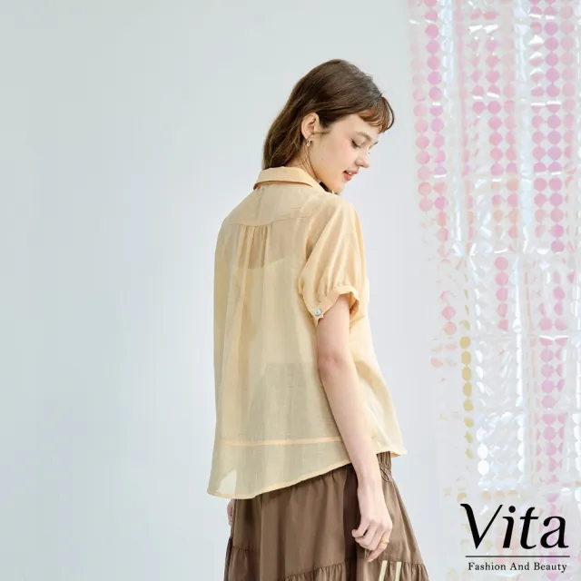 【MYSHEROS 蜜雪兒】VITA 棉麻造型襯衫 翻領排釦 胸口小口袋點綴(二色任選)