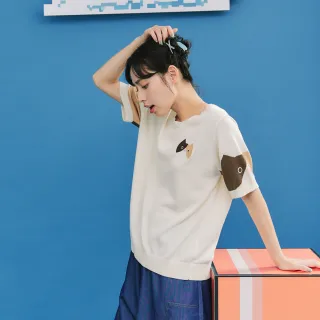 【Dailo】可愛三花貓袖口短袖針織上衣(米 灰/魅力商品)