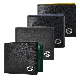 【GUCCI 古馳】610466/610464 經典Interlocking G荔枝牛皮拚色男用對開零錢/6卡短夾(顏色任選)