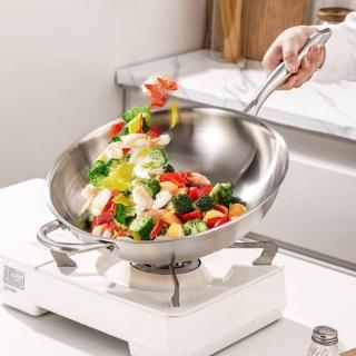 【易億派】34cm不鏽鋼炒鍋 無油煙炒菜鍋 無塗層不粘鍋(316食品級加厚不鏽鋼 帶蓋帶木鏟 灶具通用)