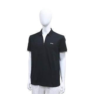 【BOSS】BOSS立體白字LOGO純棉拉鍊V領短袖POLO衫(男款/黑)
