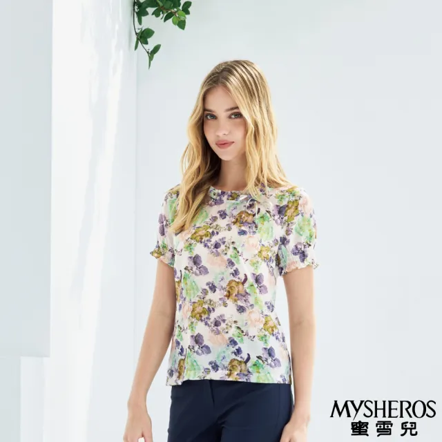 【MYSHEROS 蜜雪兒】天絲棉造型上衣 滿版花卉印花 花邊百褶綁帶領(紫)