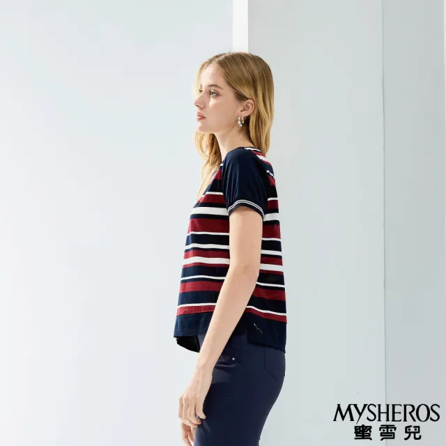 【MYSHEROS 蜜雪兒】絲光棉造型上衣 附愛心飾品 條紋拼接(丈青)