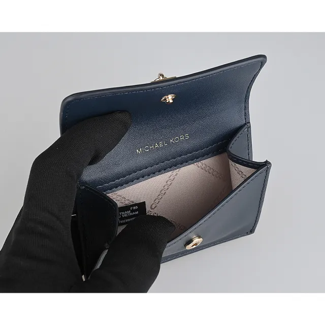 【Michael Kors】MK MICHAEL KORS Hamilton Legacy 鎖頭金字LOGO牛皮2卡釦式卡片零錢包(海軍藍)