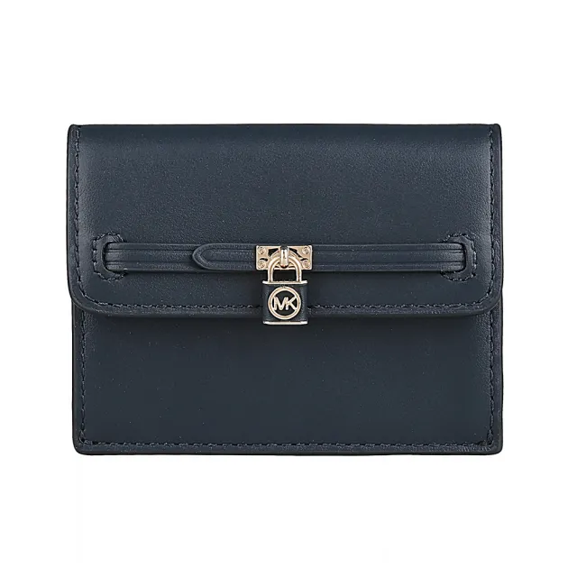 【Michael Kors】MK MICHAEL KORS Hamilton Legacy 鎖頭金字LOGO牛皮2卡釦式卡片零錢包(海軍藍)