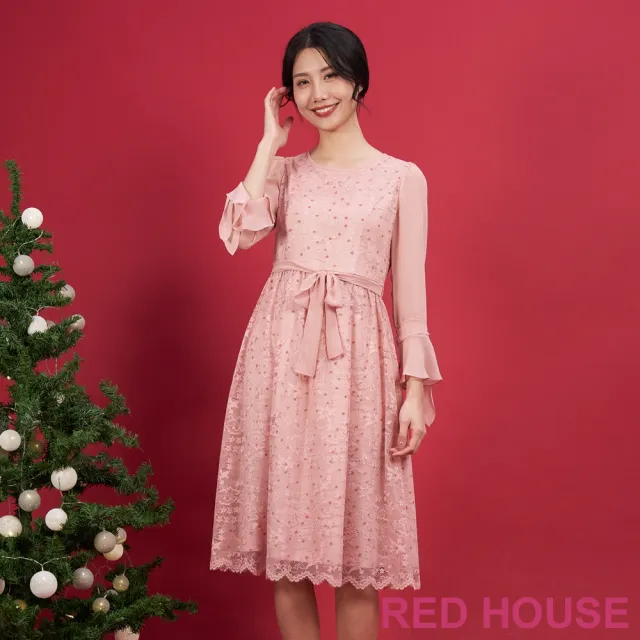 【RED HOUSE 蕾赫斯】雪紡剪接點點花朵蕾絲洋裝(共2色)