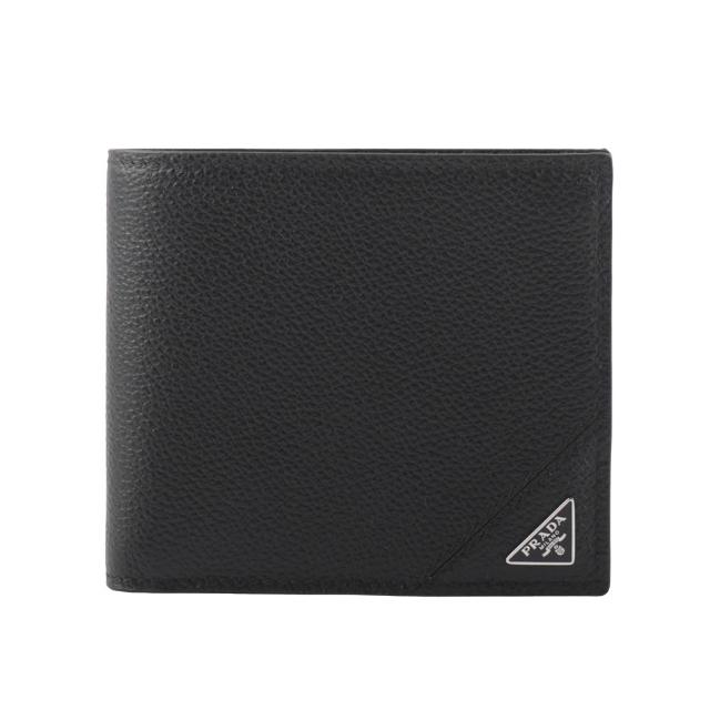 【PRADA 普拉達】銀色三角牌Logo 粒紋皮革對開零錢袋短夾(黑色)