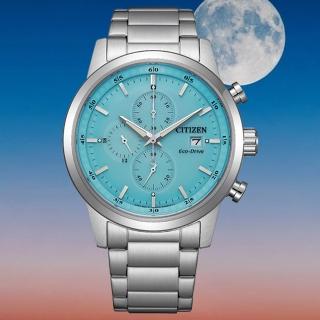 【CITIZEN 星辰】Chronograph 湖水藍推薦款 三眼計時光動能男錶/43mm 父親節 (CA0748-80L)
