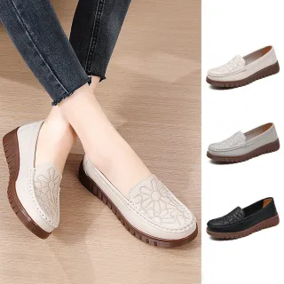 【J&H collection】復古繡花舒適真皮平底懶人鞋 休閒鞋(米色 / 灰色 / 黑色)