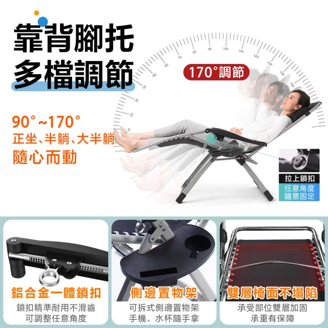折疊躺椅 無段式高承重透氣休閒躺椅(附杯架頭枕 躺椅 折疊椅 摺疊躺椅)