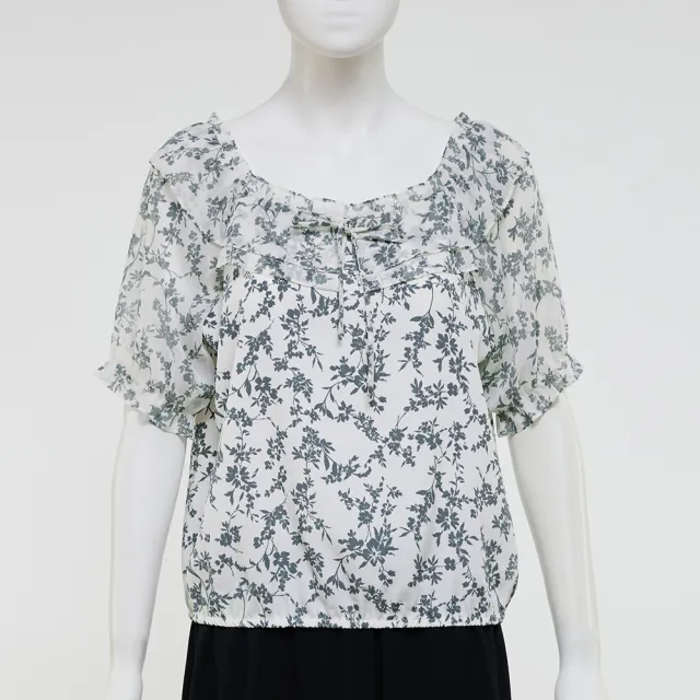 【ILEY 伊蕾】荷葉邊寬領綁帶印花雪紡上衣(灰；M-2L；1252071409)