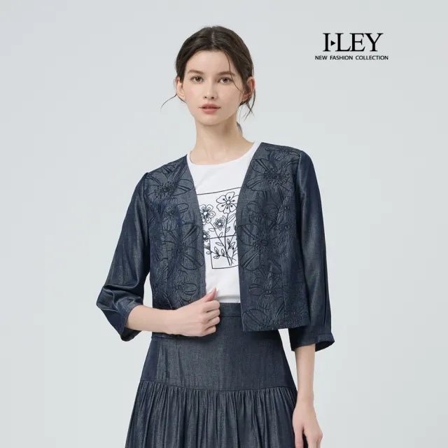【ILEY 伊蕾】花朵刺繡縲縈牛仔外套(深藍;M-2L;1251078405)(其他規格)