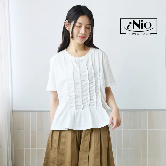 【iNio 衣著美學】短袖上衣 正面抽皺 立體皺摺 圓領棉T 黑/白/卡其(CEW1123)