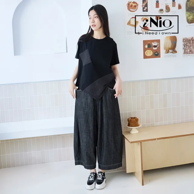 【iNio 衣著美學】寬褲 九分牛仔寬褲 雙口袋設計 休閒長褲 黑/藍(CEW2055)