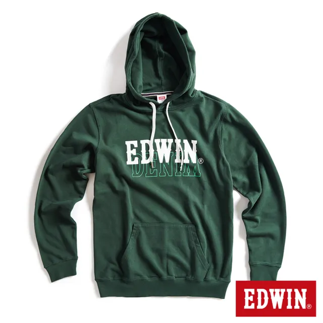 【EDWIN】男裝 疊印印花長袖連帽T恤(墨綠色)